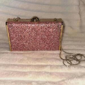 Henri Bendel Flip Lock Glitter Party Box Purse Pink Clutch Gold Shoulder Bag